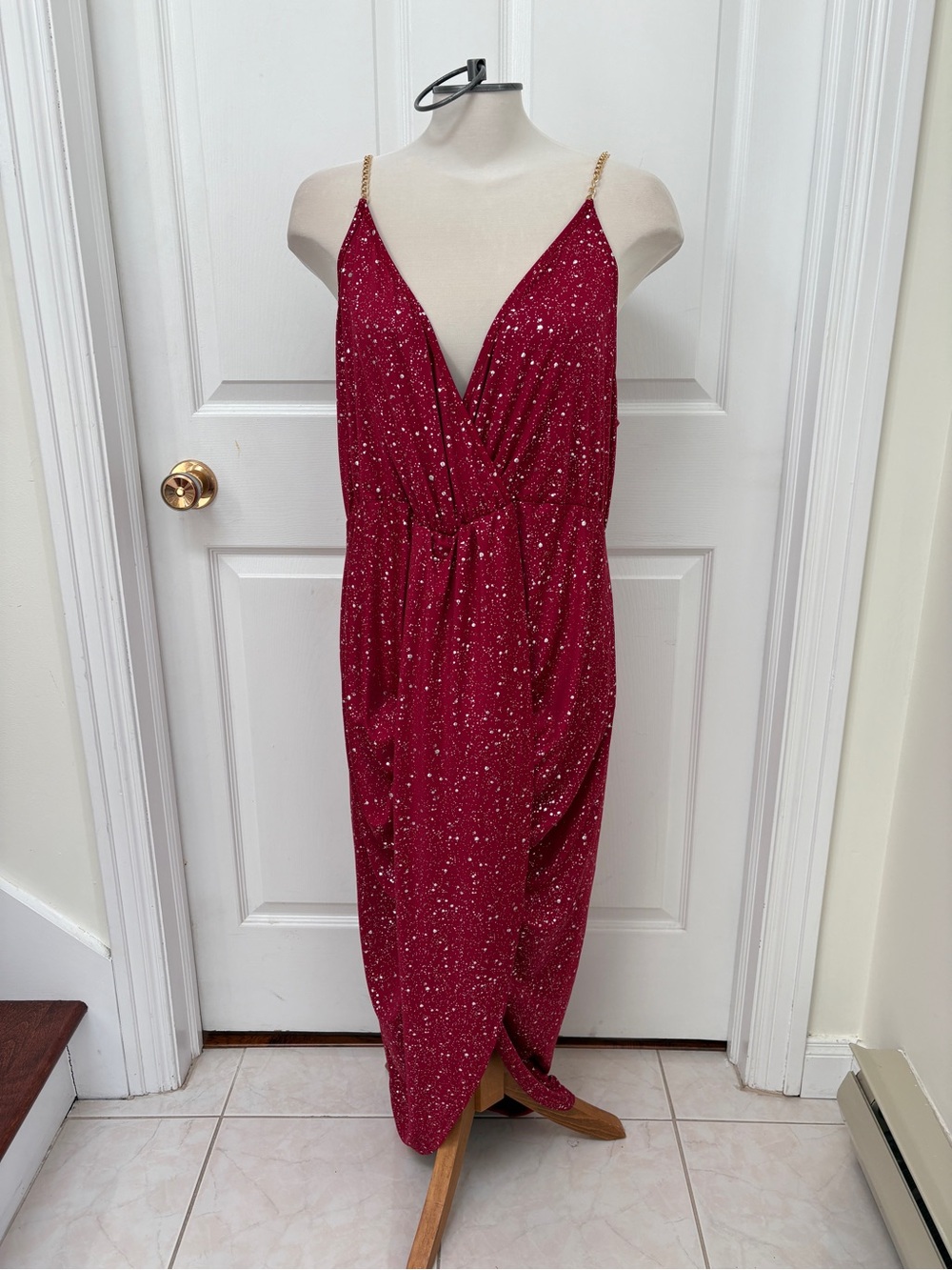 Sparkling Deep Red Sequin False Wrap Midi Dress Plus size